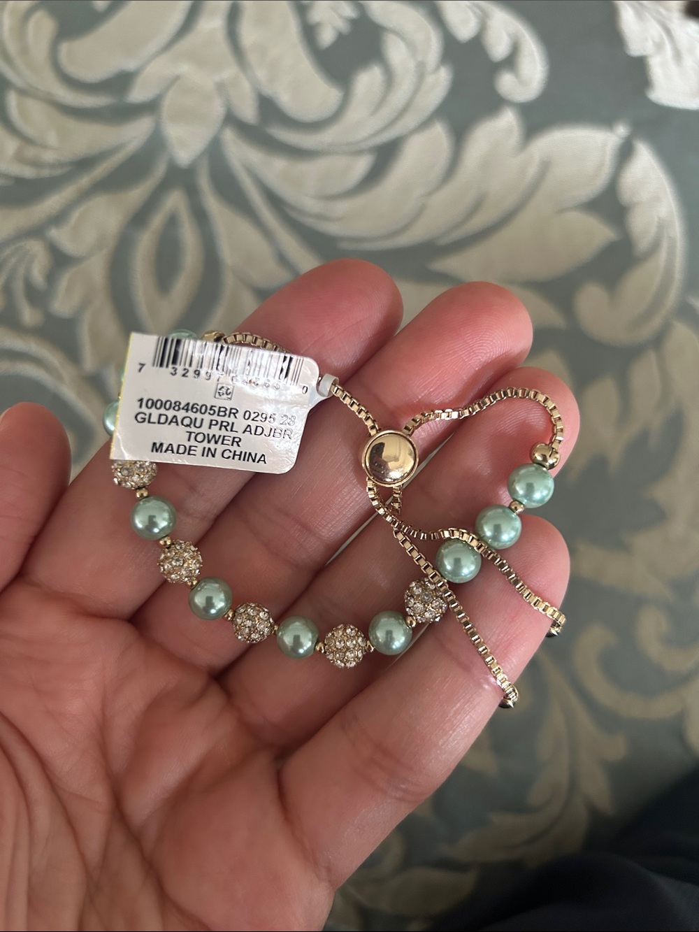 Charter Club Gold-Tone Adjustable Bracelet with Green Pearls & Crystal Pave